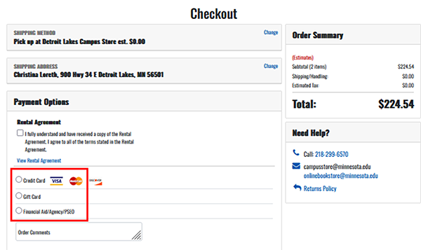 Payment methods are at lower right of the checkout screen. The screen will update depending on the payment method chosen. For financial aid (charging to your account), use your student ID number, not your StarID.
