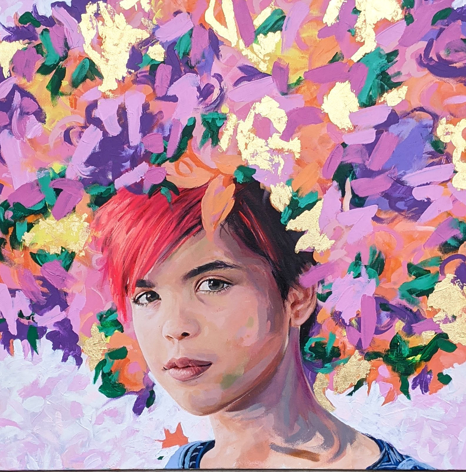 A painting from Alice Blessing's "Thirteen: Nonconformity" exhibition. A tween child with a large brightly-painted crown of flowers.
