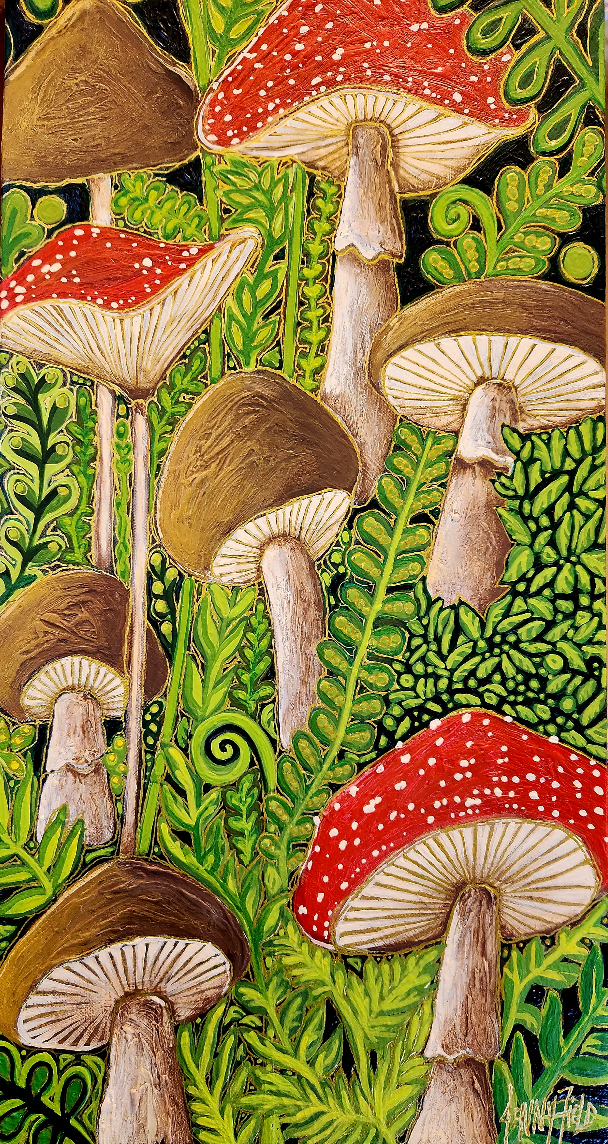 A piece from Jenny Field's "Nature's Alchemy" exhibition. Painting of bright red mushrooms.