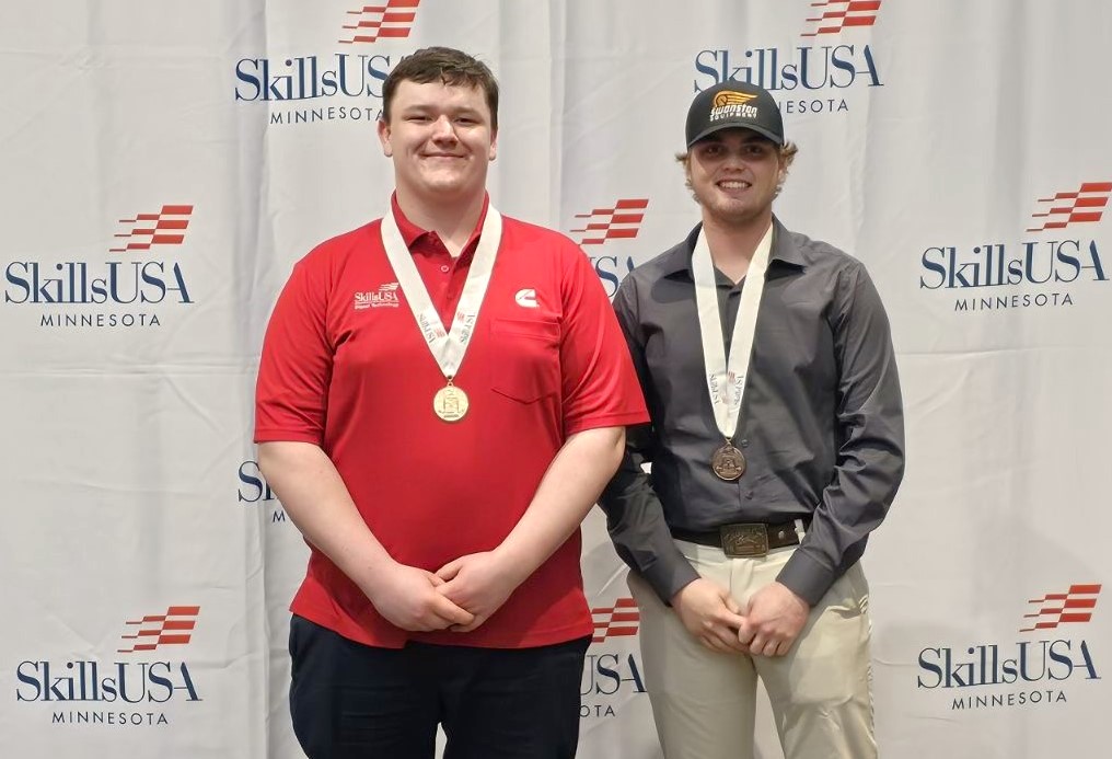 M State Diesel Equipment Technology students Cole Riegert, left, and James Bergren both brought home medals from the 2024 SkillsUSA Minnesota State Championships. Riegert took first place in the college-level competition while Bergren, a student at Lake Park Audubon High School who attends M State through the PSEO program, took third place in the high school division.