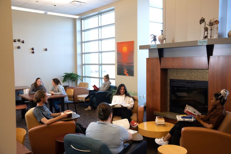 Students hang out on the Moorhead campus in 2022