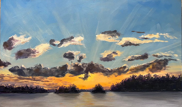 A predominantly blue, orange, and dark grey painting of a lakescape, with the sun setting in the background.