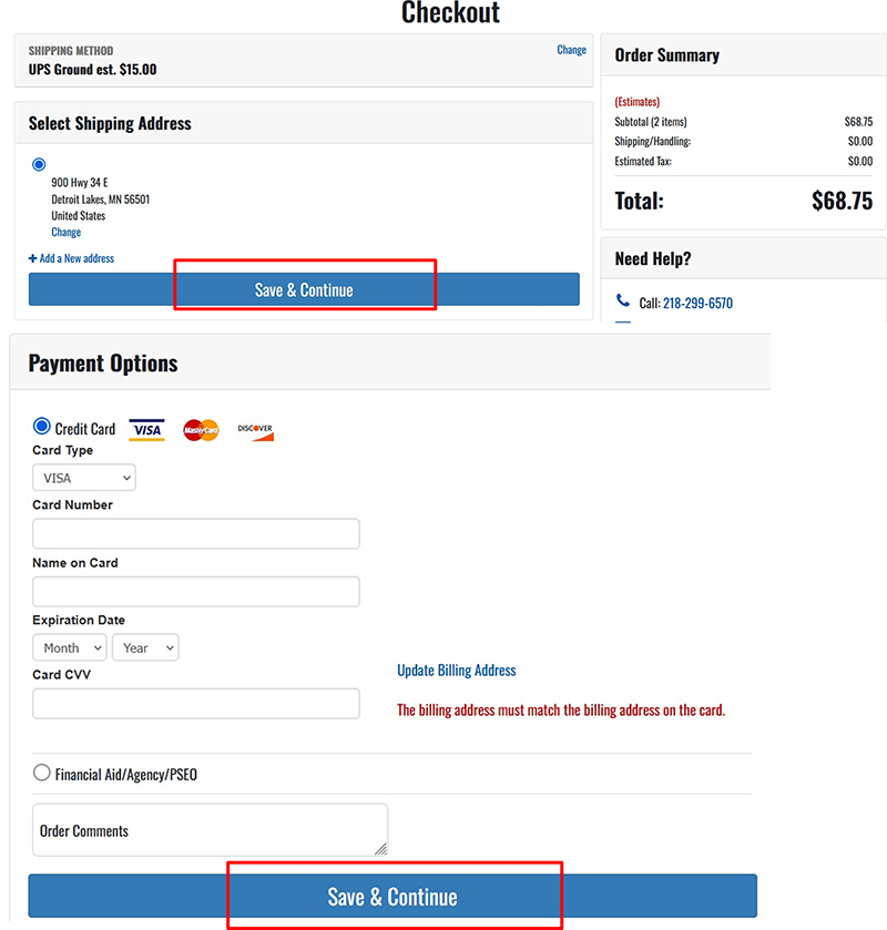 Save and Continue buttons are highlighted under Checkout and Payment Options