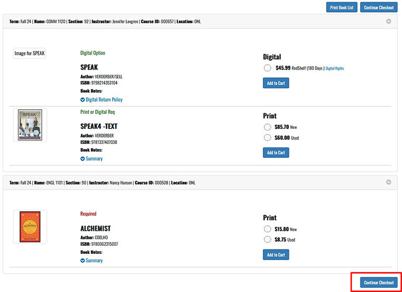 Screenshot of the first checkout page with a book list, highlighting the blue