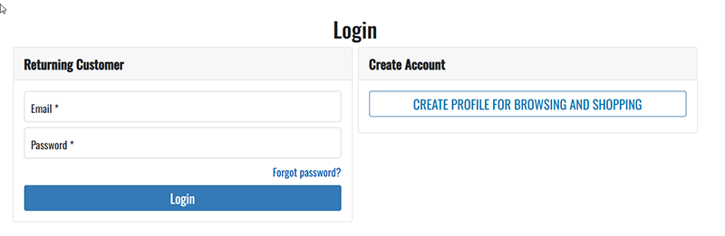 Blue login button for existing accounts under returning customer heading. Blue outlined create profile for browsing and shopping button under create account heading