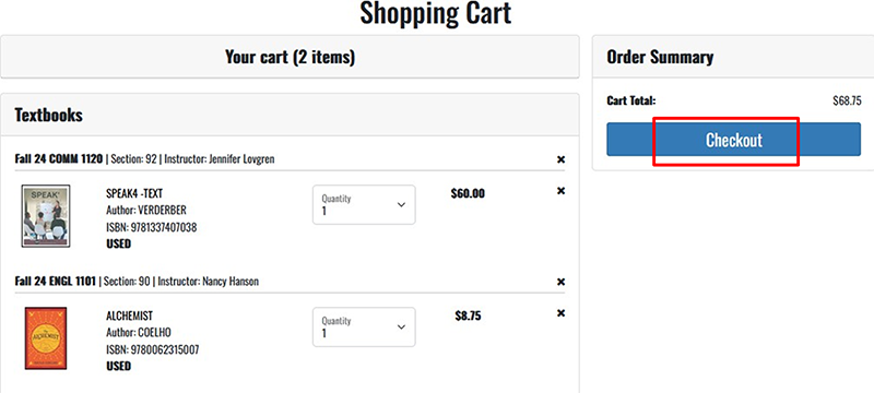 A screenshot of the shopping cart with books, highlighting the blue Checkout button at right