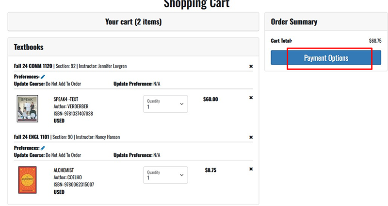 Blue Payment Options button under the headings order summary and cart total