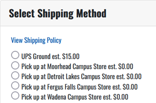 Select Shipping method: view shipping policy blue link with five shipping radio button options