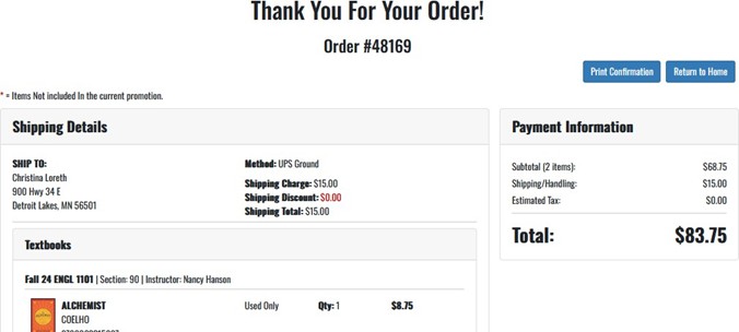 Thank you for your order with order number, shipping details, book list and payment information