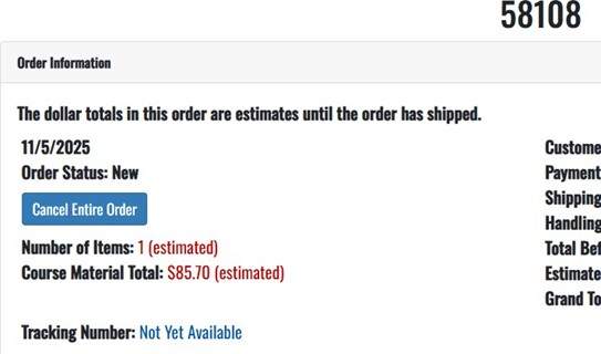 The blue Cancel Entire Order button is in the Order Information section