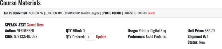 The red delete, cancel item and update buttons in the course materials section are shown