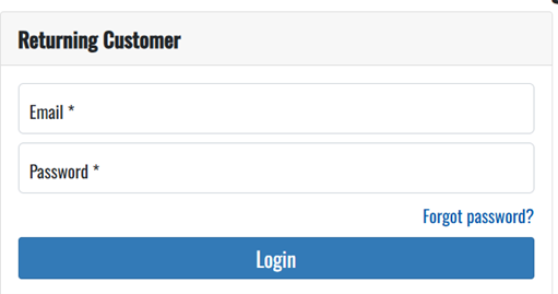 Returning Customer with email and password fields below and login button at bottom