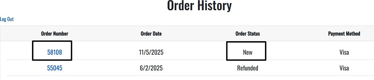 Order number is the first column and order status the third column in the Order History table