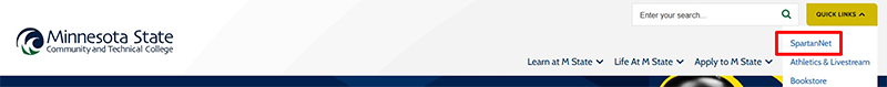The SpartanNet link in the quick links menu is shown bordered in red