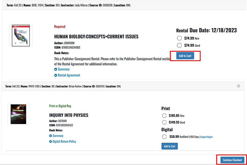 The blue Continue Checkout button is at lower right of the course list
