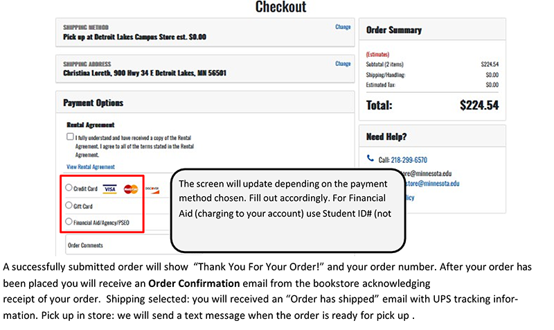 Payment methods are at lower right of the checkout screen. The screen will update depending on the payment method chosen. For financial aid (charging to your account), use your student ID number, not your StarID.