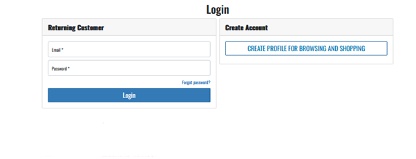 The email and password fields are under the returning customer heading. At bottom of the section is a blue login button. Next to the returning customer heading is a create account heading, below which is a create profile for browsing and shopping button.