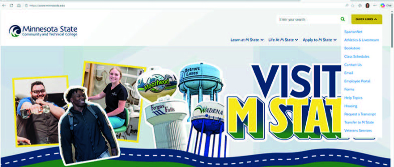 Screenshot of the Minnesota State Community and Technical College website at minnesota.edu, with the Quick Links menu open showing SpartanNet highlighted at the top of the list.