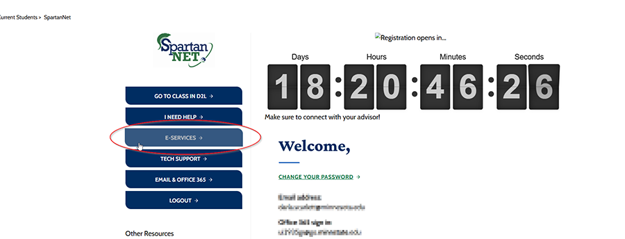 Screenshot of the SpartanNet welcome page showing the navigation menu on the left with E-Services highlighted.