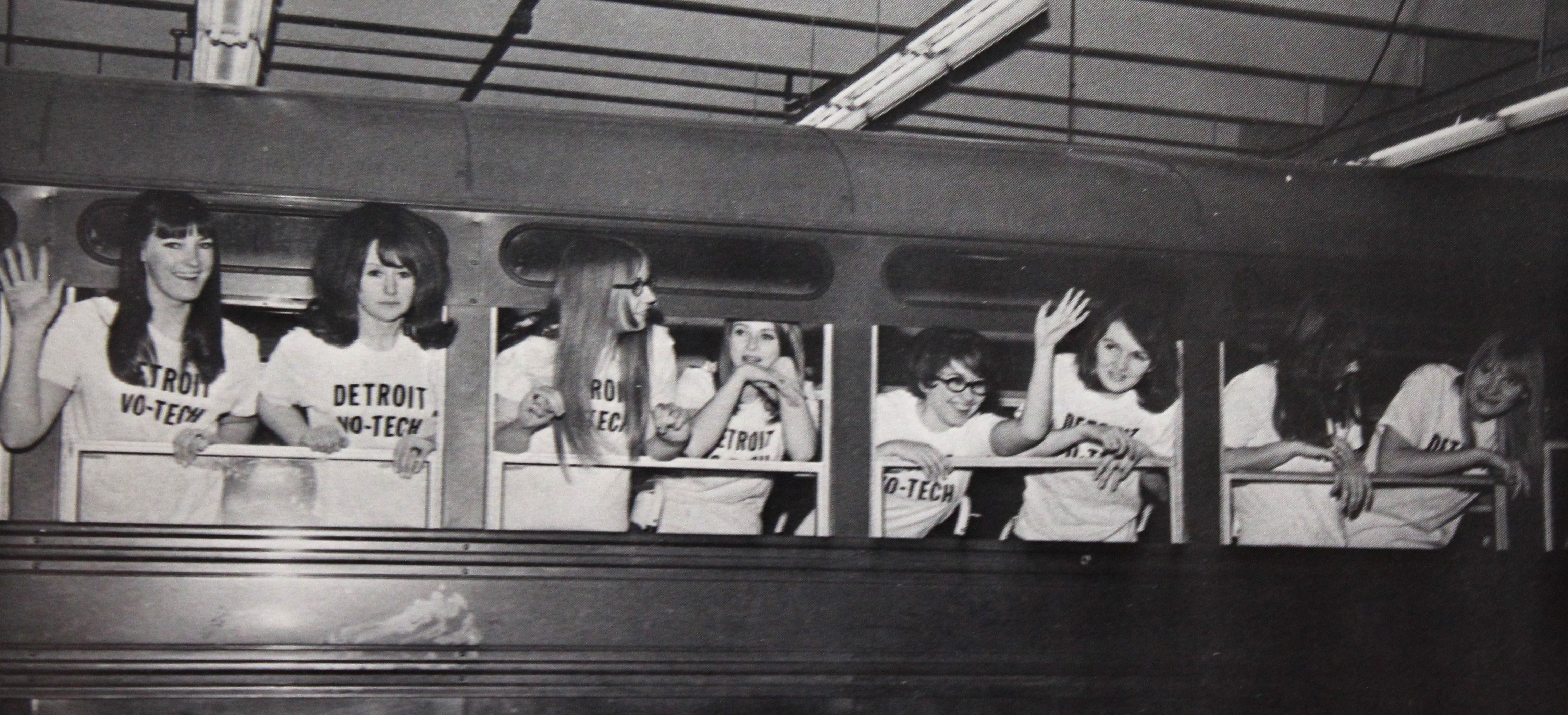 The Detroit Lakes campus Pep Club, on a bus in 1970