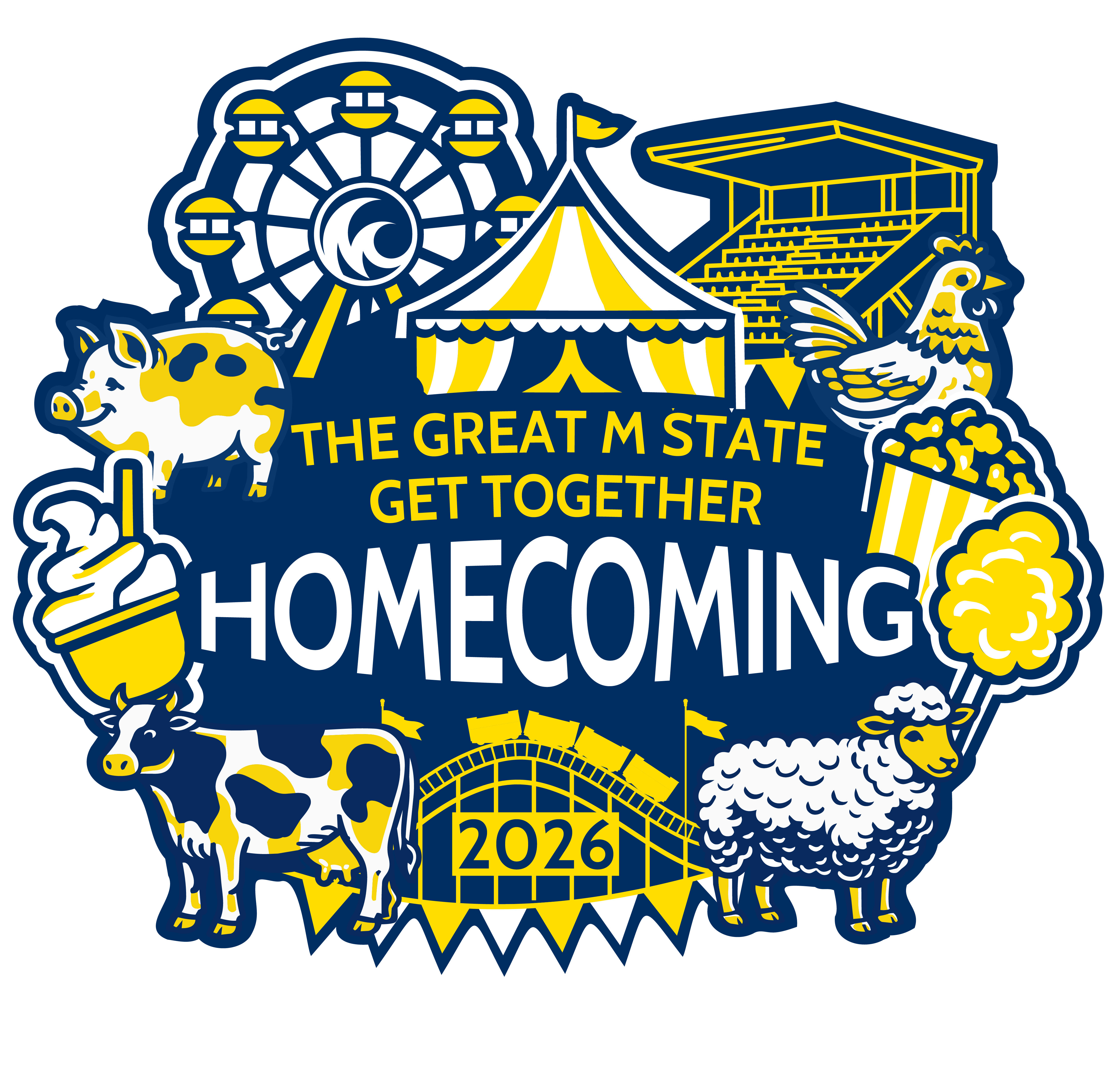 Fair like image with farm animals, fair food, and rides with the words "The Great M State Get Together"
