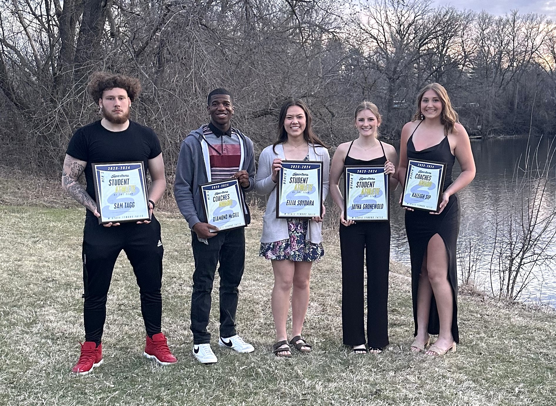This year’s M State Spartan athletic award winners included, left to right: Sam Tagg, Male Student Athlete of the Year; Diamond McGill, Male Coaches Award winner; Ellia Soydara, Female Student Athlete of the Year; Jayna Gronewold, Female Student Athlete of the Year; and Kaleigh Sip, Female Coaches Award winner.