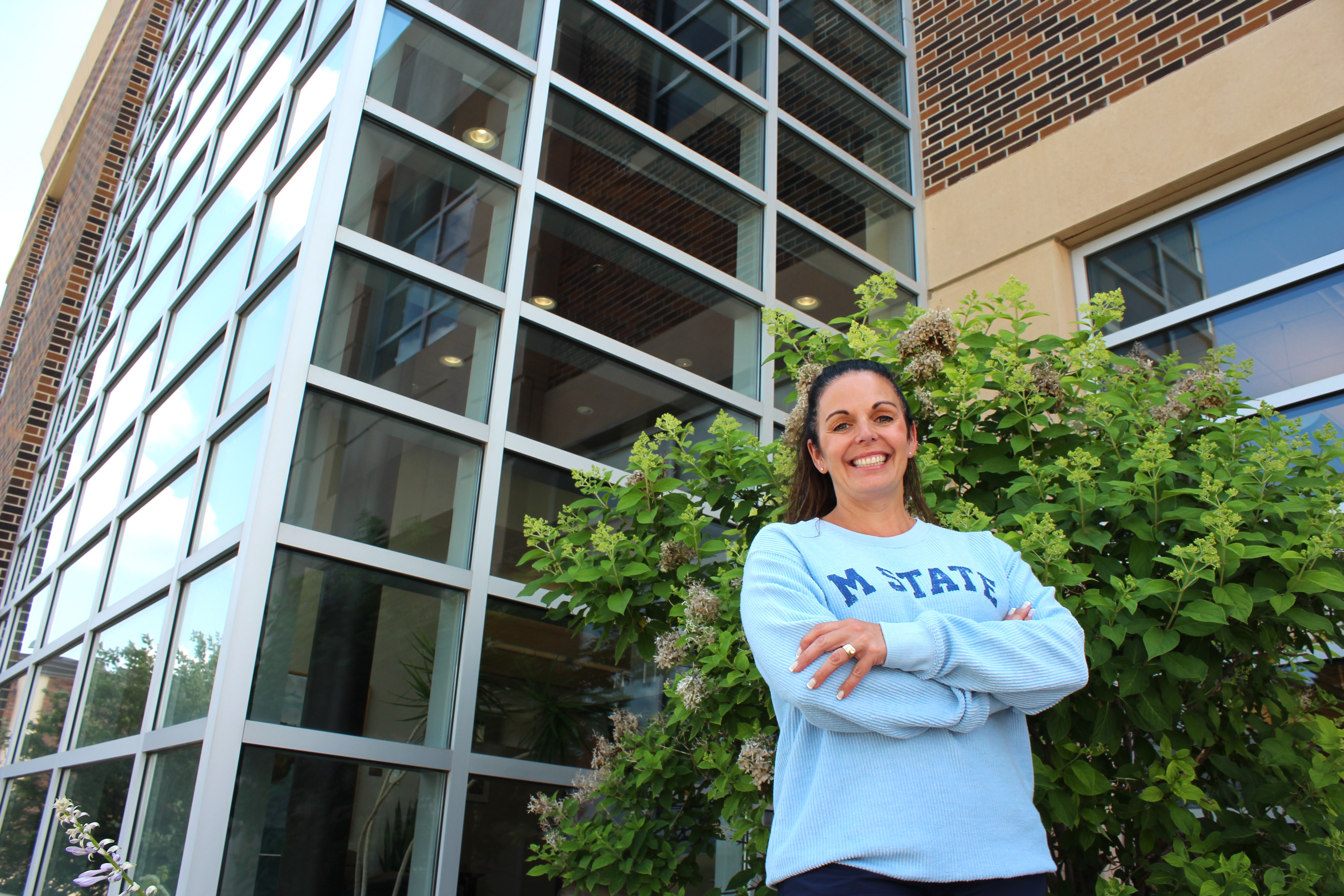 M State President Carrie Brimhall, outside the Moorhead campus