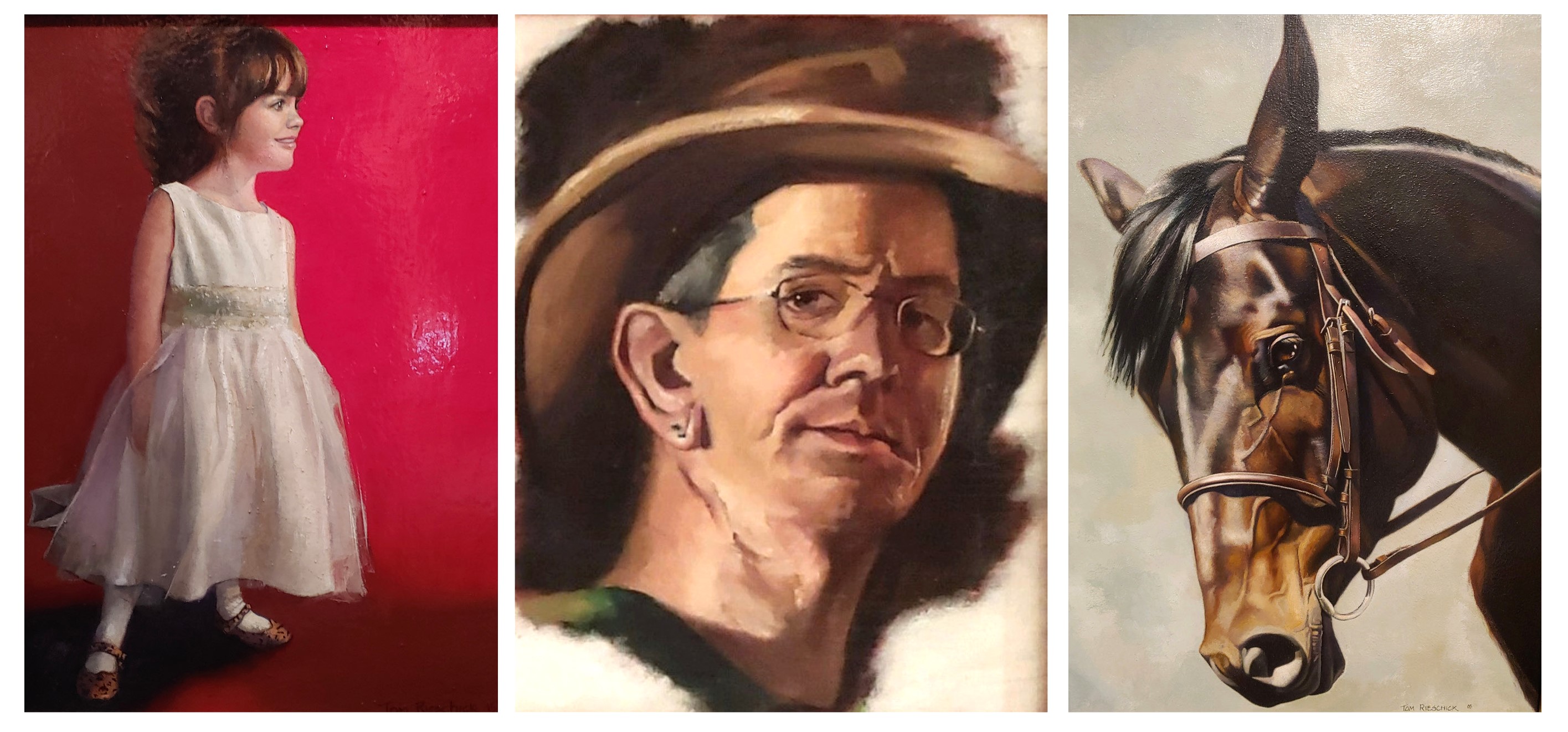 Self portrait and two additional paintings by Fergus Falls artist Tom Rieschick.