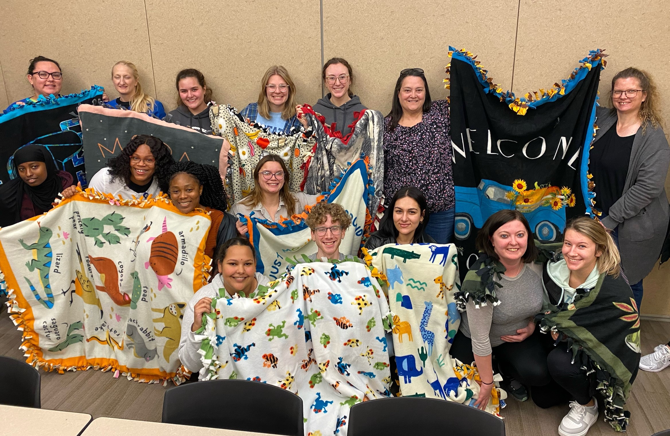 The Moorhead campus Nursing Student Organization made tie blankets for Sanford Health patients in December.