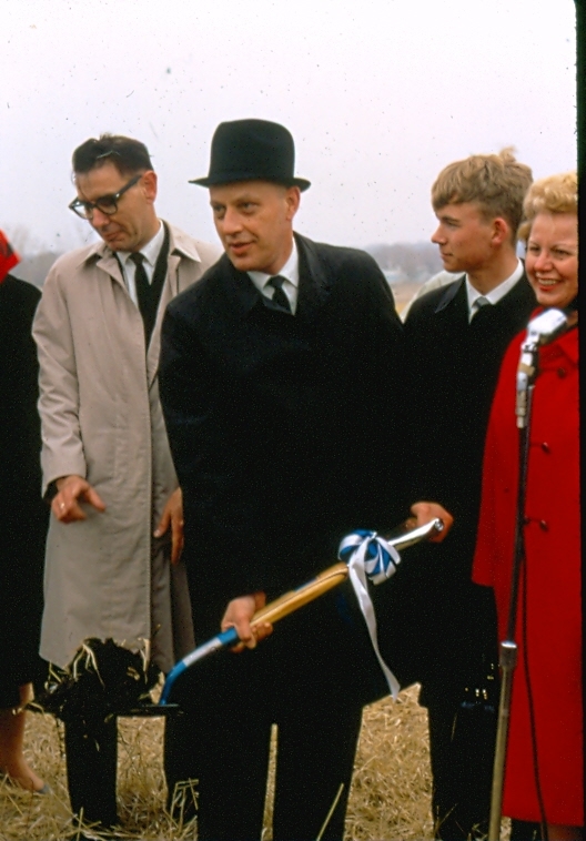 Wesley Waage, the first president of Fergus Falls Junior College, is pictured in a black bowler hat at a groundbreaking ceremony on the campus in 1967, surrounded by other college staff, students and faculty.