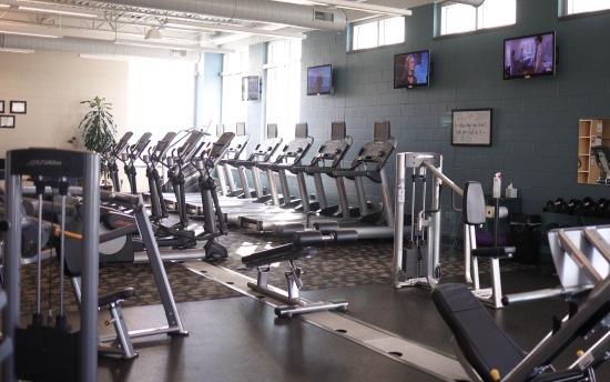 Photo of the fitness center showing several treadmills, weights and other pieces of workout equipment