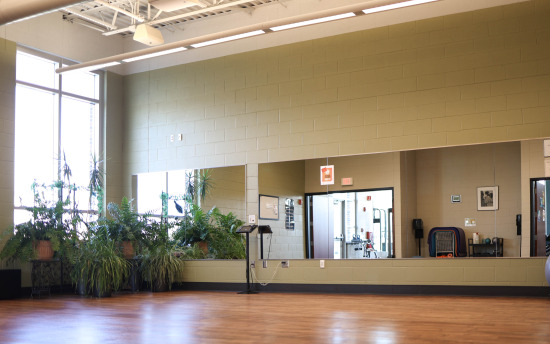 Photo of the group fitness classroom of the fitness center featuring a wall of mirrors