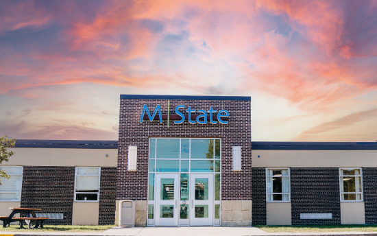 A photo of the exterior of M State-Wadena with a pink and blue sunset above the building