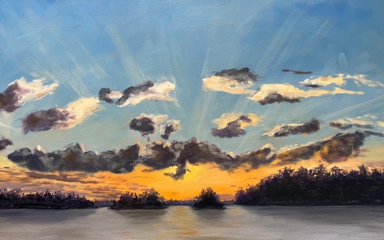 Kim Embretson's, "Sunset Country" painting of an orange sunset over a blue and grey lakescape with several small clouds floating in the sky above.