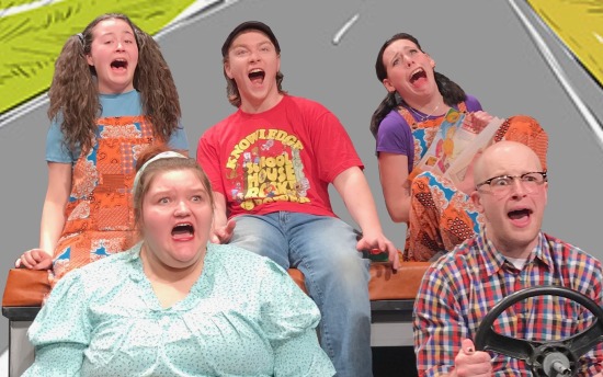 Spring play 'Leaving Iowa' promotional photo of actors at a rehearsal