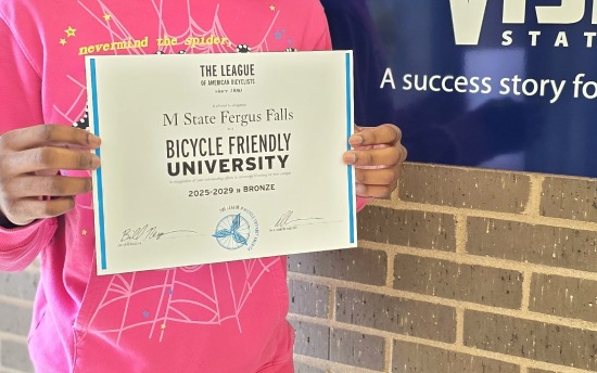 M State Fergus Falls' Bicycle Friendly University award certificate 2025