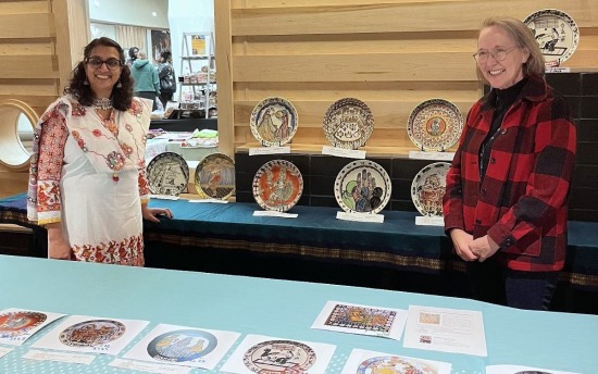 M State Chemistry Faculty Manjusha Saraswathiamma, left, and Ceramics Faculty Lori Charest at the 2025 Pangea: Cultivate our Cultures festival in Moorhead. The two collaborated this year on a creative project exploring cross-cultural motifs and artistic expression in clay.