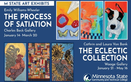 Promo image for the 2026 winter art exhibits at M State Fergus Falls