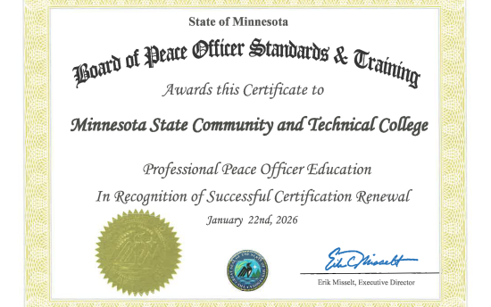 Certificate for the M State Professional Peace Officer Education program, from the Minnesota Board of Peace Officer Standards and Training, 2026