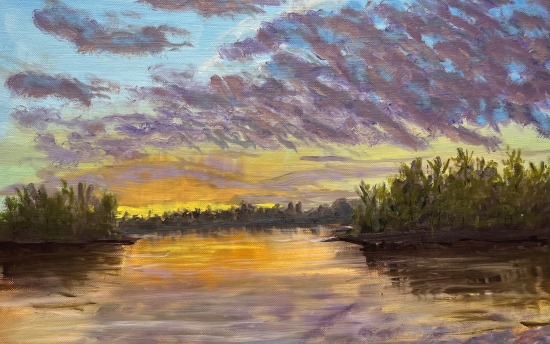 "Meditation Vista" artwork by Kim Embretson, depicting a calm lake scene at sunset/dawn, with the waters reflecting the orange, blue and yellow sky above. Green trees surround the lake, and clouds are scattered in the sky above.