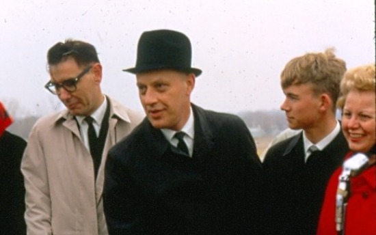 Wesley Waage, the first president of Fergus Falls Junior College, is pictured in a black bowler hat at a groundbreaking ceremony on the campus in 1967, surrounded by other college staff and faculty.