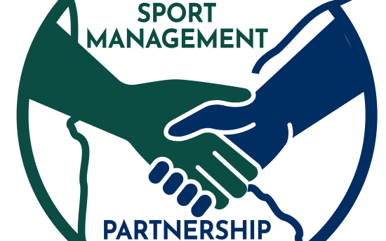 BSU, M State sport management partnership graphic, blue and green