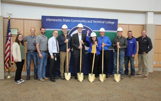 About 50 representatives of M State, the Minnesota State system, and project partners attended the ceremonial groundbreaking at M State’s Fergus Falls campus, including, left to right: inBYLT Development and Design Engineer Jeanessa Slaughter, CMTA Senior Mechanical Engineer Steve Hoepfner, inBYLT Senior Project Manager Nate Schoenecker, Minnesota State system Vice Chancellor of Facilities Brian Swanson, Minnesota State system Construction Project Manager Ryan Gideon, Senator Jordan Rasmusson, M State Presi