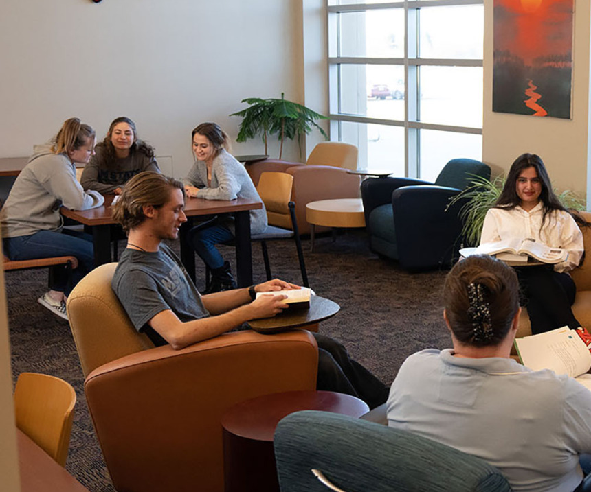 Students study and talk in a Fergus Falls campus lounge