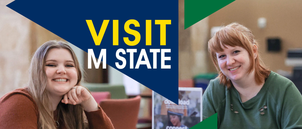 Two girls smiling with the words visit M State
