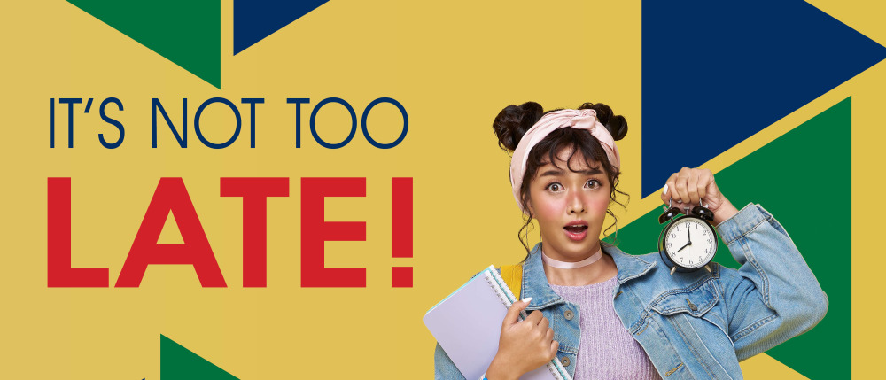 Words it's not to late. College age girl hold a close with a surprised look.