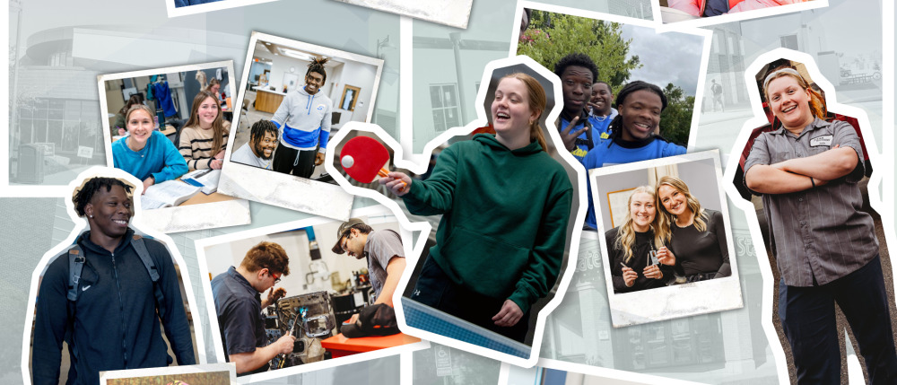 A collage of various images showing people in different settings. Some individuals are engaged in activities such as working with machinery, holding a red paddle, and posing for group photos. The background includes images of buildings and other structures.
