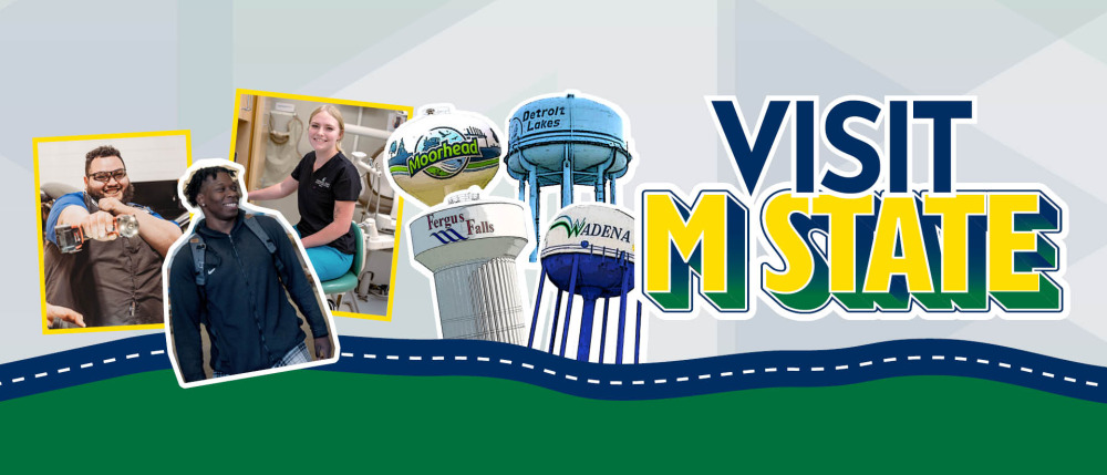 Visit M State with water towers of the four campuses, Moorhead, Fergus Falls, Detroit Lakes and Wadena.