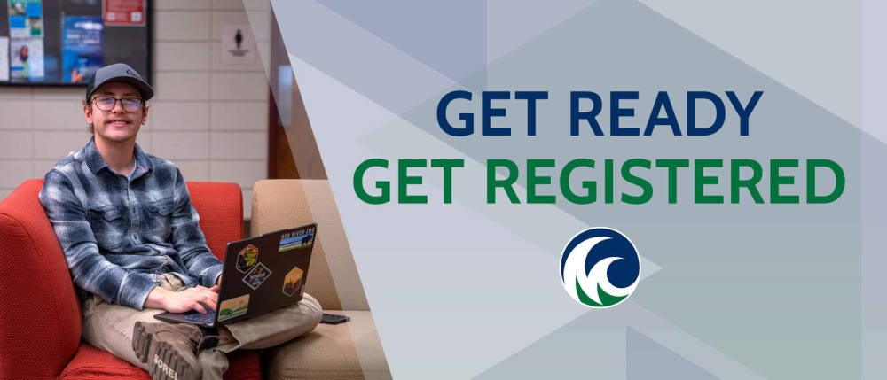 Male M State college student sitting on couch with his laptop with the words, Get Reay, Get Registered.