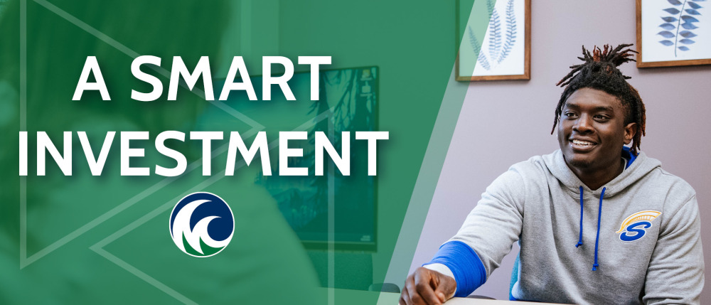 College age student talking with advisor with the words, "A smart investment". 